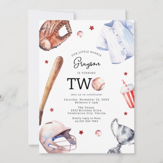 Kinder honkbal uitnodiging voor 2e verjaardagsfees (Voorkant)