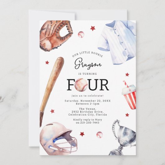 Kinder honkbal vierde verjaardag uitnodiging (Voorkant)