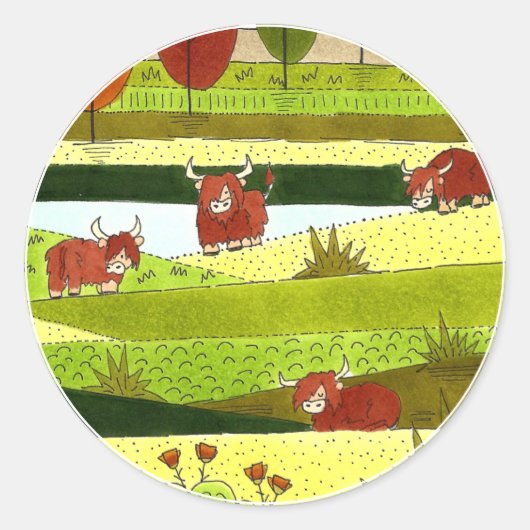 Kinder Hoogland Koeien Herfst Boerderij Envelopzeg Ronde Sticker (Voorkant)