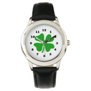 Kinder horloge met vier bladklaver   groene garnal