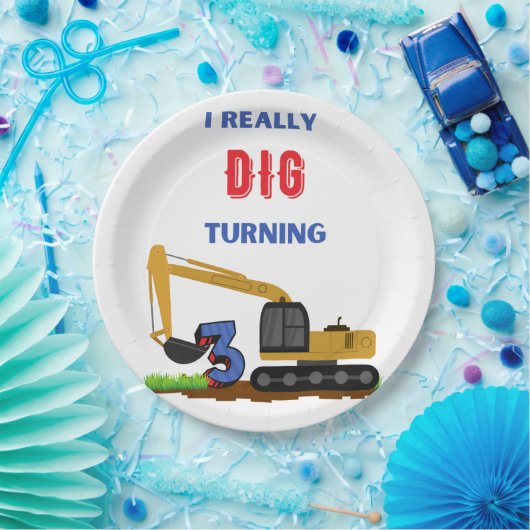 Kinder I echt dig draaien 3 graafmachine Papieren Bordje (Feest)