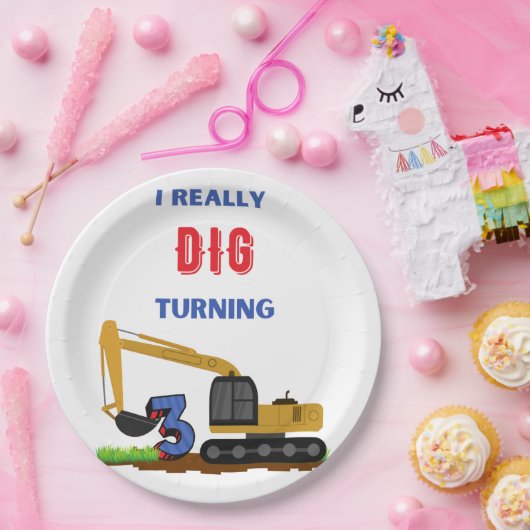 Kinder I echt dig draaien 3 graafmachine Papieren Bordje (Feest)