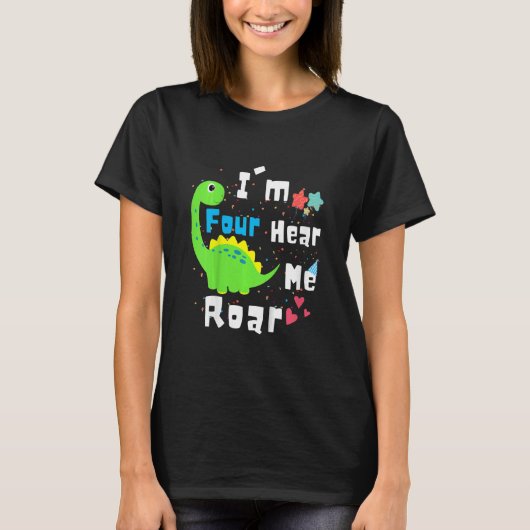 Kinder ik ben vier die me horen Roar Dinosaur 4e v T-shirt (Voorkant)