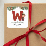 Kinder Initiaal W Christmas Vierkante Sticker<br><div class="desc">Geef deze kerst het geschenk van gepersonaliseerde charme! Onze monogram stickers,  met de elf van de Kerstman die zich achter de letter W verschuilt,  zijn een unieke en doordachte manier om je liefde te shows. Personaliseer met een naam,  jaar en een hartelijke groet. Laat uw kerstcadeaus opvallen!</div>