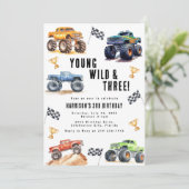 Kinder jonge wilde en drie monstertrucks kaart (Staand voorkant)