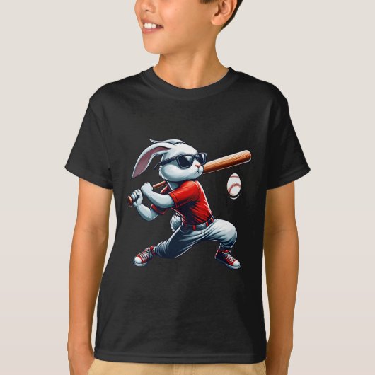 Kinder jongens blij paashaas spelen honkbal oost t-shirt (Voorkant)