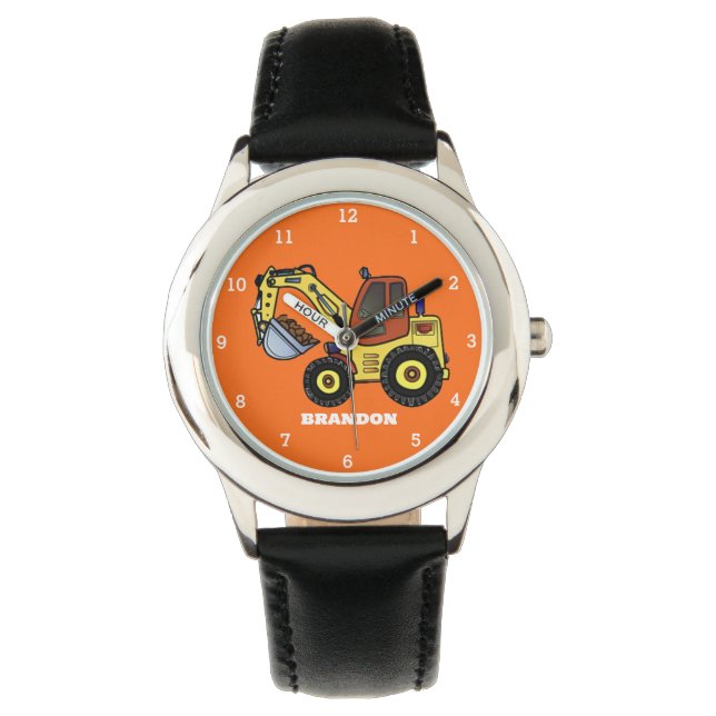 Kinder Jongens Bouw Graafmachine Naam Horloge (Voorkant)