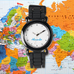 Kinder Jongens Leuk Modern Zwart Aangepaste Naam M Horloge<br><div class="desc">Aangepaste, gepersonaliseerde, kinder boys fun cool modern leuke trendy stijlvolle zwarte siliconen band, plastisch hoesje, polshorloge. Typ gewoon de naam in om aan te passen. Ga je gang creëer een prachtig, op maat gemaakt horloge voor de kleine jongen in je leven - zoon, broer, neef, kleinzoon, petekind, stiefzoon. Maakt een...</div>