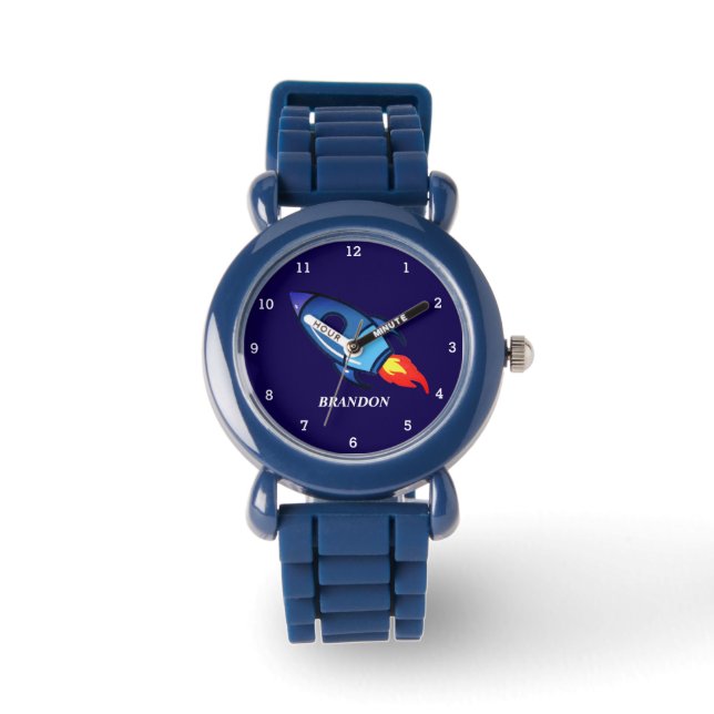 Kinder Jongens Rocket Space Blue Astronaut Naam Horloge (Voorkant)