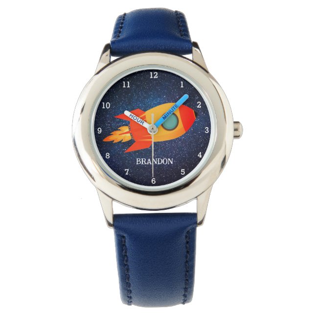 Kinder Jongens Rocket Space Blue Astronaut Naam Horloge (Voorkant)