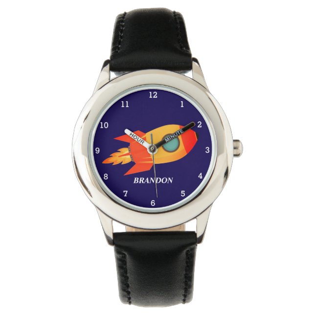 Kinder Jongens Rocket Space Blue Astronaut Naam Horloge (Voorkant)