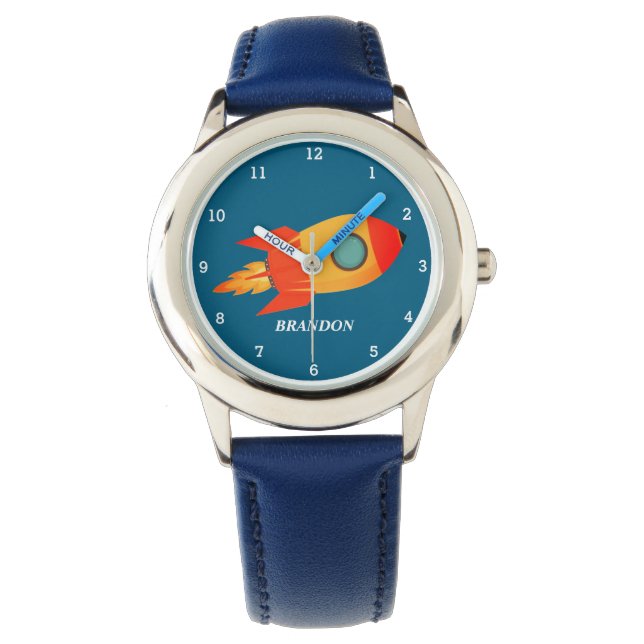 Kinder Jongens Rocket Space Blue Astronaut Naam Horloge (Voorkant)
