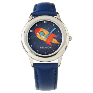 Kinder Jongens Rocket Space Blue Astronaut Naam Horloge