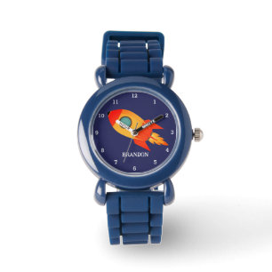 Kinder Jongens Rocket Space Blue Astronaut Naam Horloge