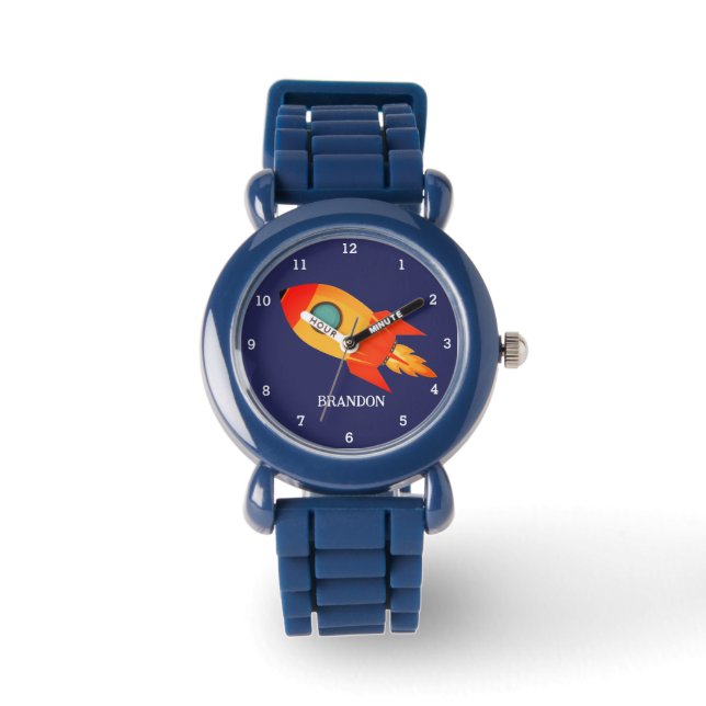 Kinder Jongens Rocket Space Blue Astronaut Naam Horloge (Voorkant)