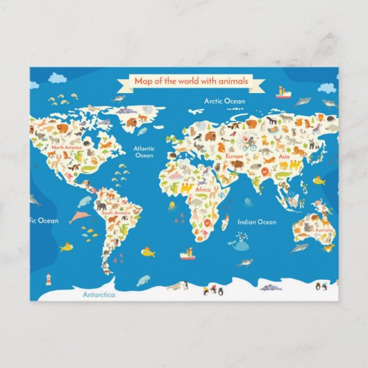 Kinder kaart van de wereld met dieren (Voorkant)