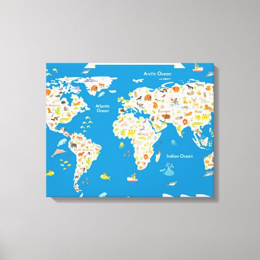 Kinder kaart van de wereld met dieren canvas afdruk (Voorkant)