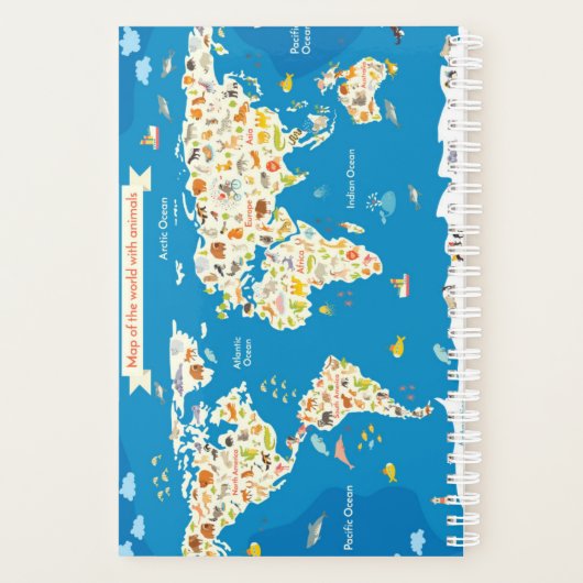 Kinder kaart van de wereld met dieren planner (Achterkant)