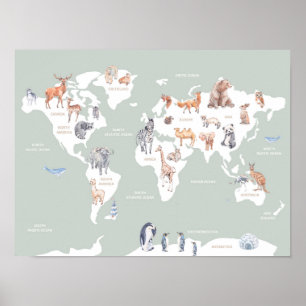 Kinder kaart van de wereld met dieren poster