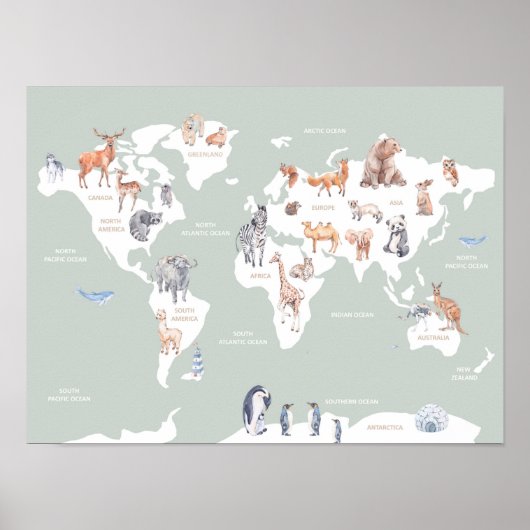 Kinder kaart van de wereld met dieren poster (Voorkant)
