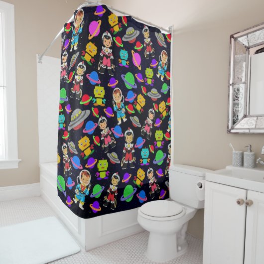 Kinder kamer retro robots en astronauten douchegordijn (In situ)