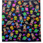 Kinder kamer retro robots en astronauten douchegordijn (Voorkant)