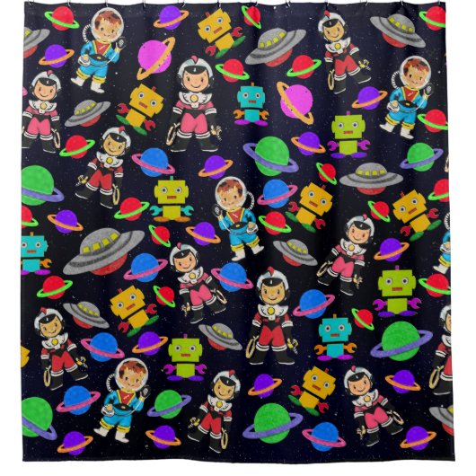 Kinder kamer retro robots en astronauten douchegordijn (Voorkant)