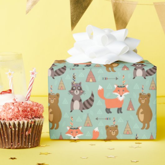 Kinder kamperen buiten Raccoon Fox Brown Beer Cadeaupapier (Verjaardagsfeest)