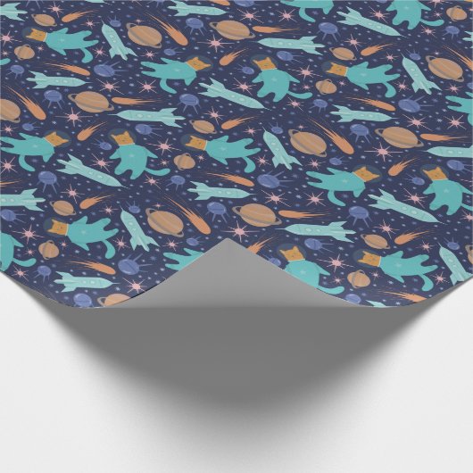 Kinder kat-astronaut in ruimtevaartraketschildplan cadeaupapier (Hoek)