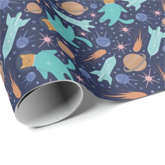 Kinder kat-astronaut in ruimtevaartraketschildplan cadeaupapier (Rol Hoek)