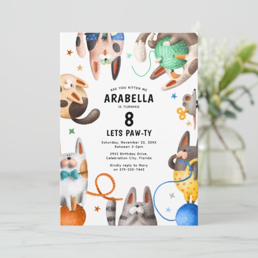 Kinder kat Paw-ty verjaardagsfeestje Kaart (Staand voorkant)
