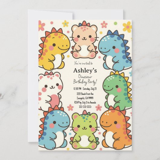 Kinder Kawaii Dinosaurus Verjaardagsfeest Kaart (Voorkant)