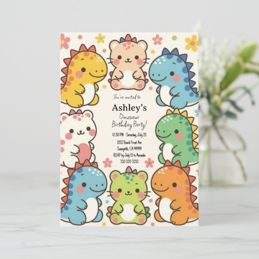 Kinder Kawaii Dinosaurus Verjaardagsfeest Kaart (Staand voorkant)