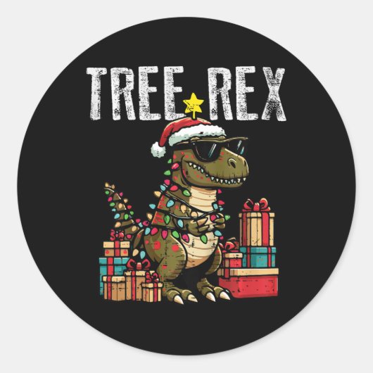 Kinder Kerst Dinosaurus Tree Rex Xmas Trex Peuter Ronde Sticker (Voorkant)