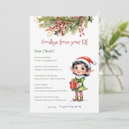 Kinder kerst elf meisje vaarwel brief Kaart (Staand voorkant)