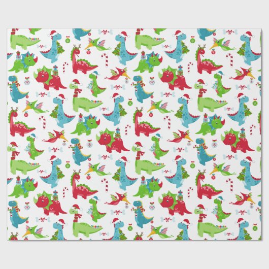 Kinder kerstdinosauriërs, verpakkingspapier cadeaupapier (Vlak)