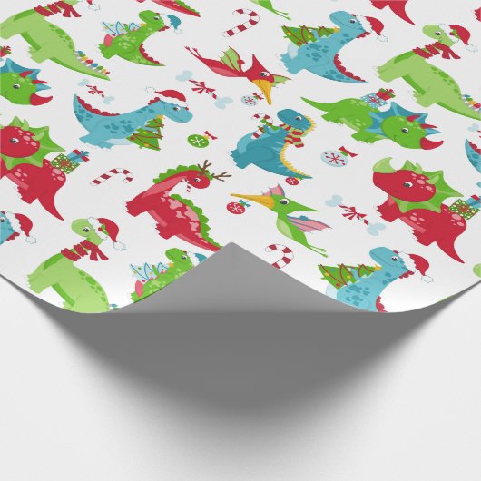 Kinder kerstdinosauriërs, verpakkingspapier cadeaupapier (Hoek)