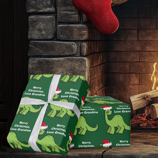 Kinder kerstdinosaurus Cute Custom Green  Cadeaupapier