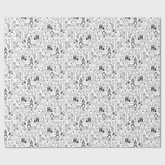 Kinder kerstdorp Whimsical Black & White Cadeaupapier (Vlak)