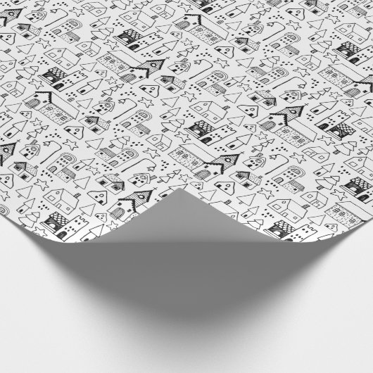 Kinder kerstdorp Whimsical Black & White Cadeaupapier (Hoek)