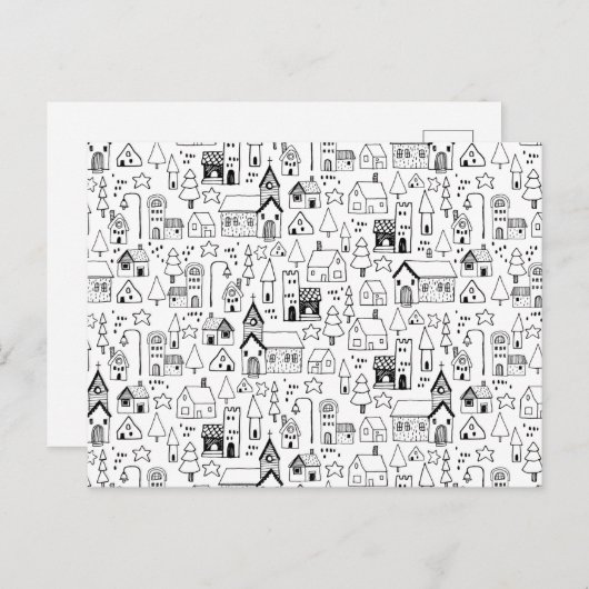 Kinder kerstdorp Whimsical Black & White Feestdagenkaart (Voorkant / Achterkant)