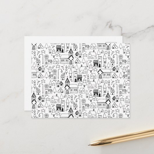 Kinder kerstdorp Whimsical Black & White Feestdagenkaart (Voorkant / Achterkant in situ)