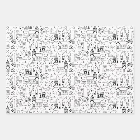 Kinder kerstdorp Whimsical Black & White Inpakpapier Vel (Voorkant 2)