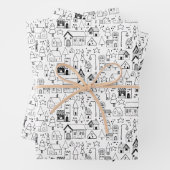 Kinder kerstdorp Whimsical Black & White Inpakpapier Vel (In situ)