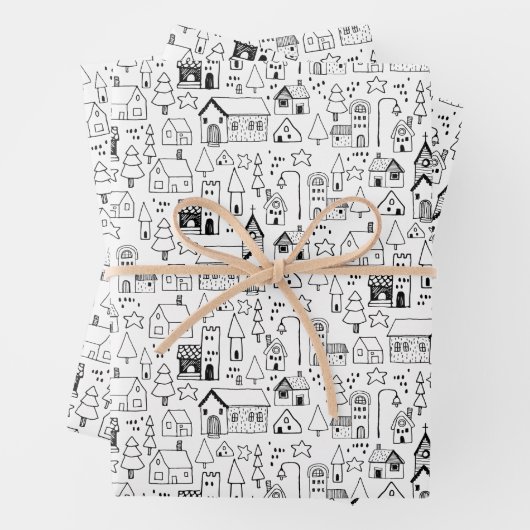 Kinder kerstdorp Whimsical Black & White Inpakpapier Vel (In situ)