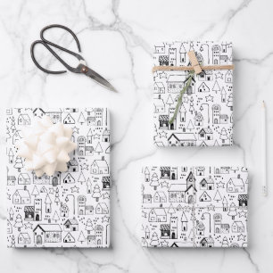 Kinder kerstdorp Whimsical Black & White Inpakpapier Vel