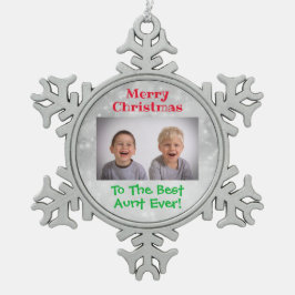 Kinder kerstfoto beste tante ooit tin sneeuwvlok ornament
