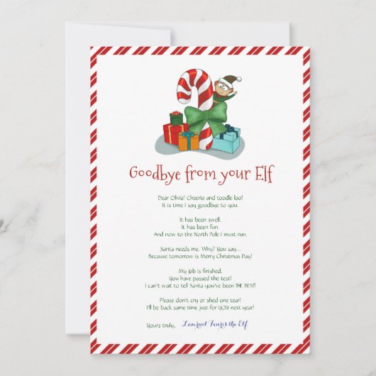 Kinder kerstjongen Elf Goodbye Letter Uitnodiging (Voorkant)