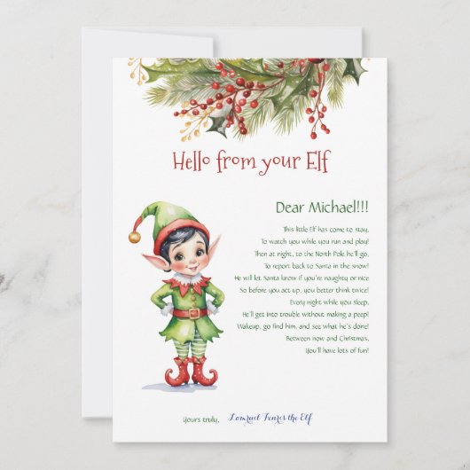 Kinder kerstman Elf Boy Hallo Letter Uitnodiging (Voorkant)