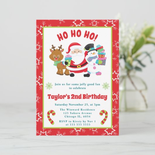 Kinder kerstman en vrienden kerstverjaardag kaart (Staand voorkant)